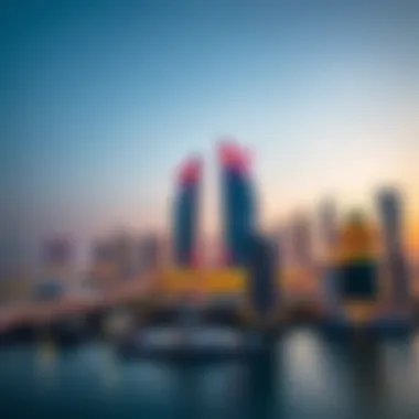 Ajman Skyline at Dusk with Pearl Towers Panoramic skyline of Ajman featuring Pearl Towers at dusk