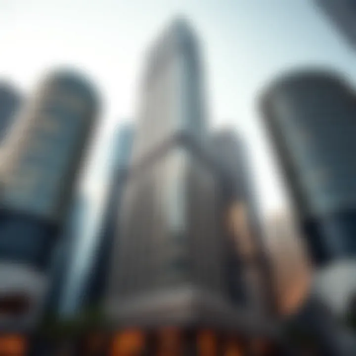 Architectural details of a modern financial tower in Dubai