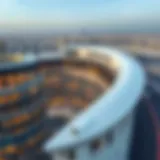 Aerial view showcasing the elegant form of Curve Building in Al Quoz