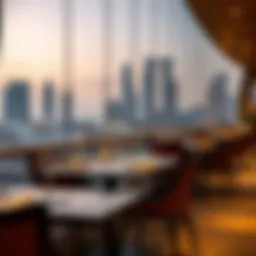 Elegant dining setup with a view of the Dubai skyline
