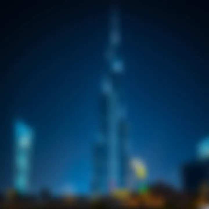 Night view of Dubai Financial Tower illuminated against the skyline