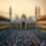 A panoramic view of a grand mosque during Eid ul Adha prayers