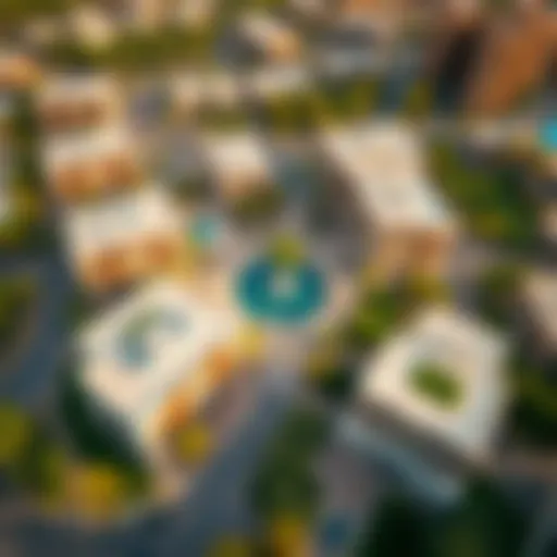 Aerial view of Al Khezamia showcasing its modern architecture and green spaces