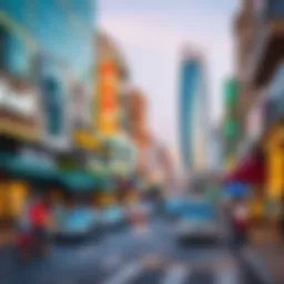 A bustling scene on Al Wasl Street showcasing modern architecture and local businesses