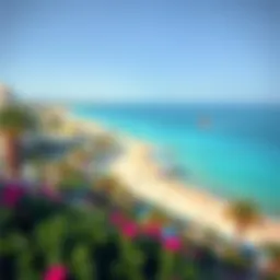 A panoramic view of Blue Waters Beach showcasing its pristine shoreline and vibrant atmosphere