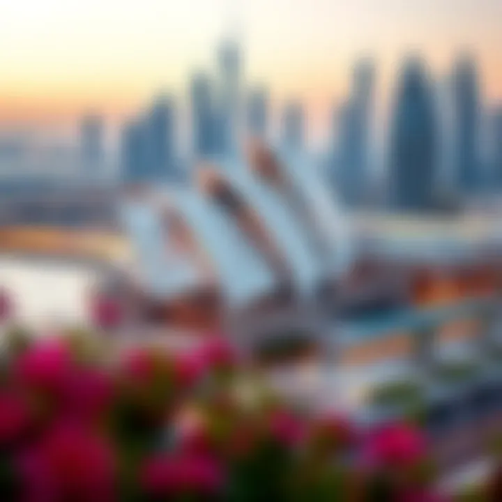 Cultural landmark, the Dubai Opera, with a backdrop of the city skyline