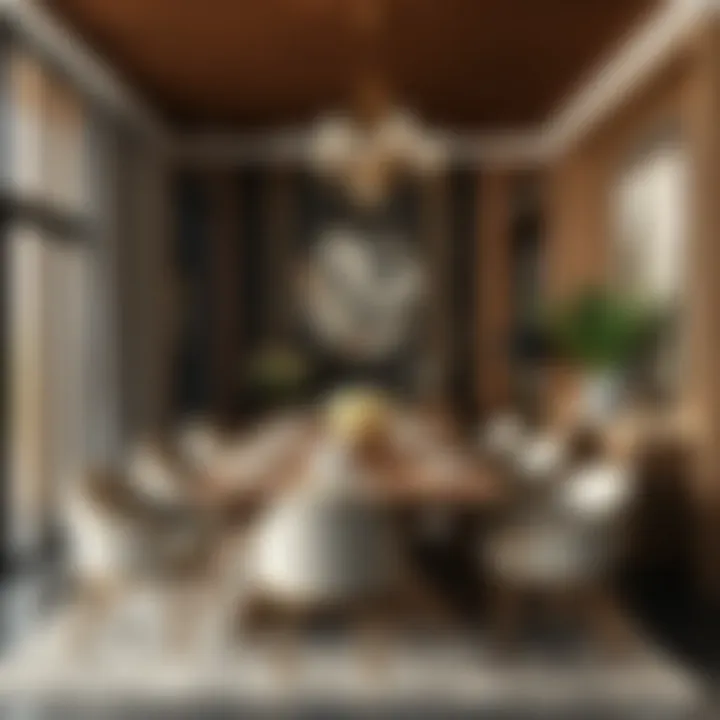 An elegant dining area featuring traditional and modern furniture.