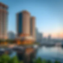 A stunning view of Jumeirah Living Marina showcasing its elegant architecture against the Dubai skyline.