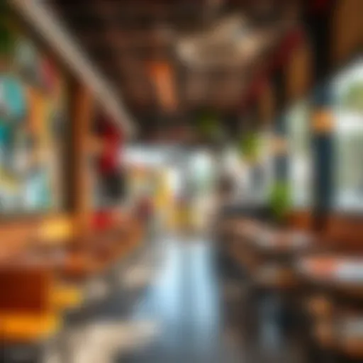 A stunning view of a vibrant café interior with seating