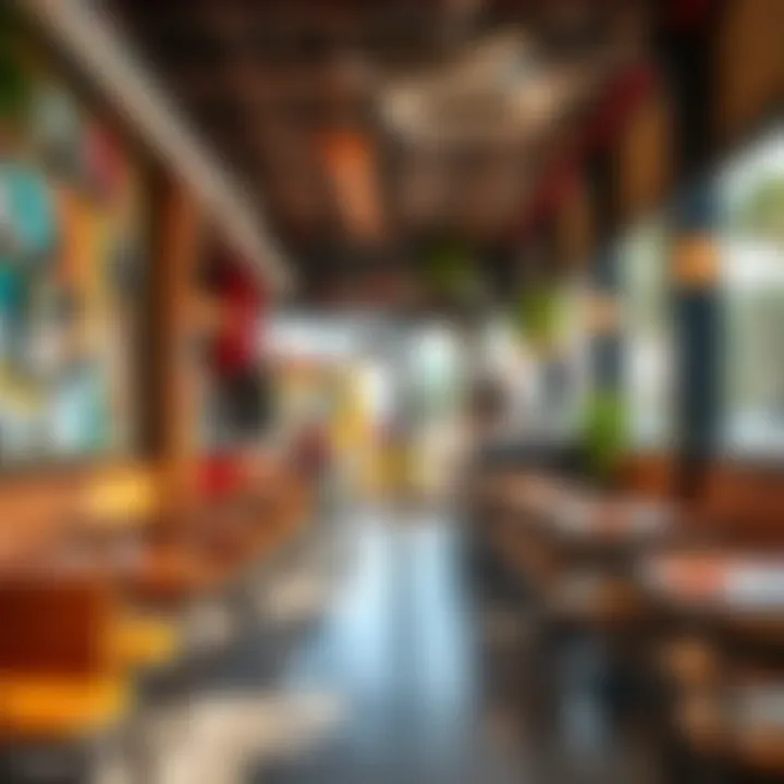 A stunning view of a vibrant café interior with seating
