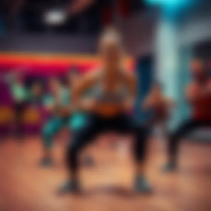 A vibrant group fitness class engaged in a dynamic workout
