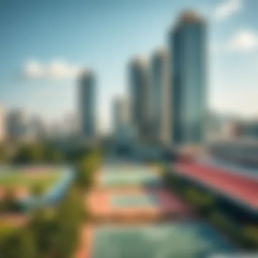 A vibrant urban landscape showcasing sports facilities integrated into city life