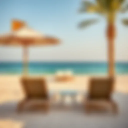 Tranquil view of the beach with lounge chairs
