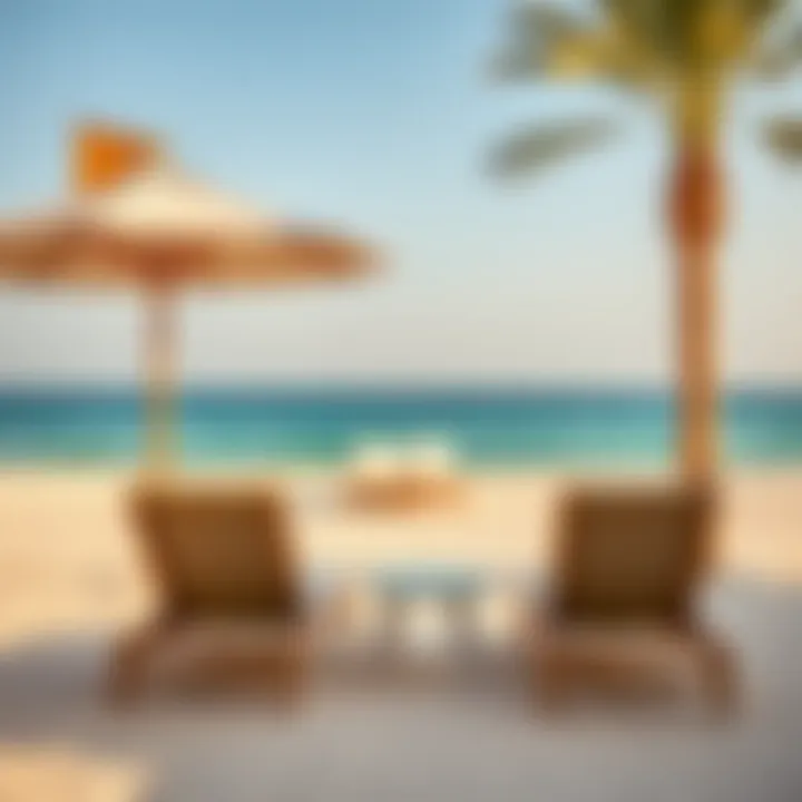Tranquil view of the beach with lounge chairs