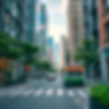 Vibrant Urban Experience Street perspective of a vibrant urban area with green spaces and public art