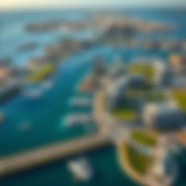 Aerial Perspective of Yas Island An aerial view of Yas Island waterfront, illustrating the blend of modern architecture and lush green spaces.