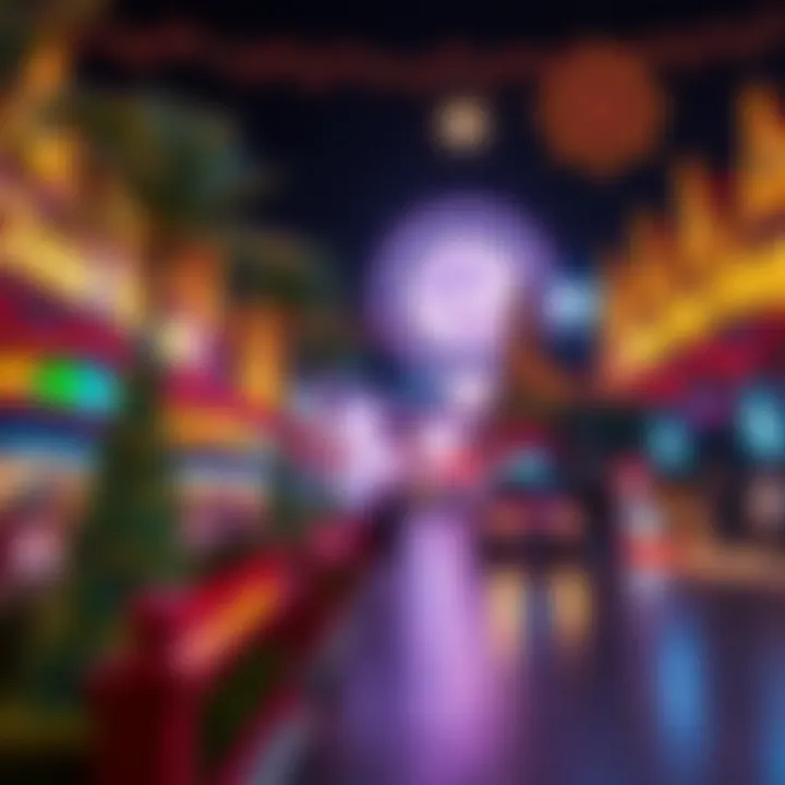 An illuminated night view of the Global Village reflecting its festive atmosphere