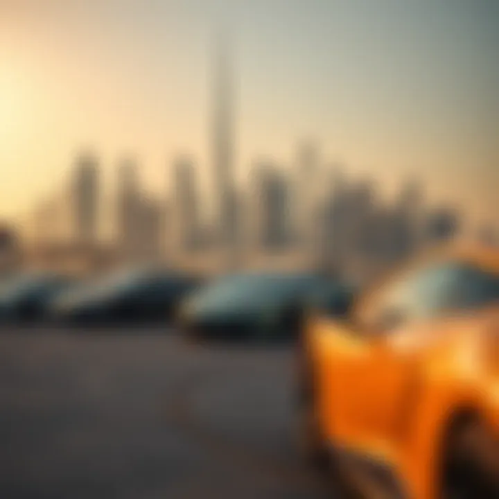 Dubai skyline with luxury cars