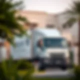 A modern moving truck parked in front of a new home in Abu Dhabi