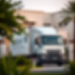 A modern moving truck parked in front of a new home in Abu Dhabi