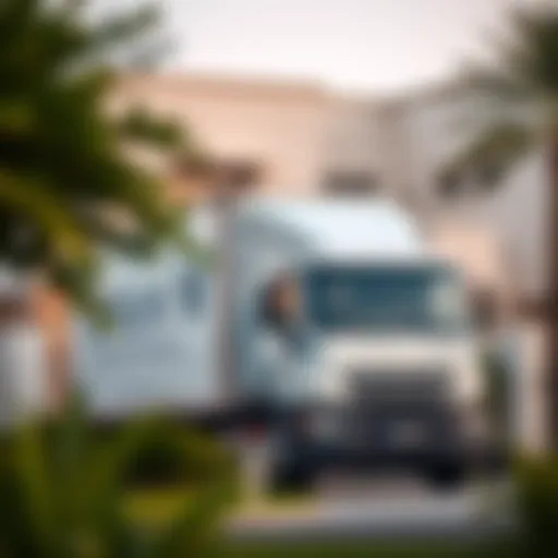 A modern moving truck parked in front of a new home in Abu Dhabi