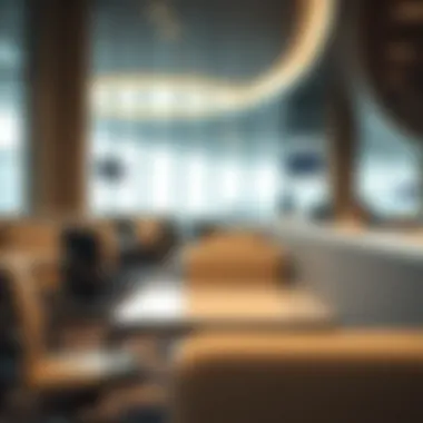 Business lounge amenities including workstations and power outlets