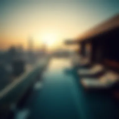 Serenity Above the City: A Rooftop Oasis Tranquil rooftop pool area with stunning city views in a downtown hotel
