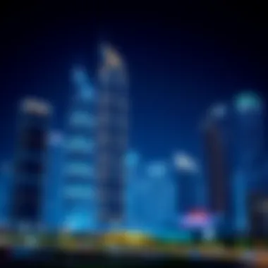 Illuminated Financial Towers of Dubai at Night Night view of Dubai's financial towers illuminated against the sky