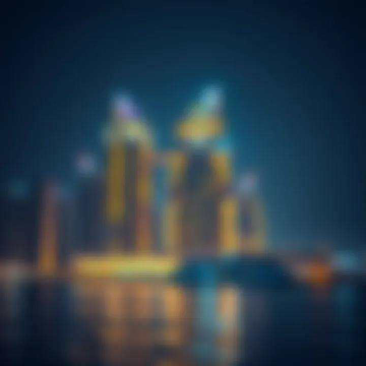 Night view of illuminated residential towers reflecting on the water