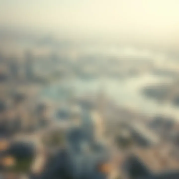An aerial view of Dubai's skyline featuring prominent mosques amidst modern skyscrapers