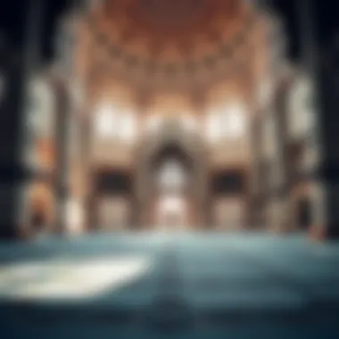Interior Serenity of Mosque Prayer Hall An interior shot of a mosque showing the prayer hall and its serene ambiance