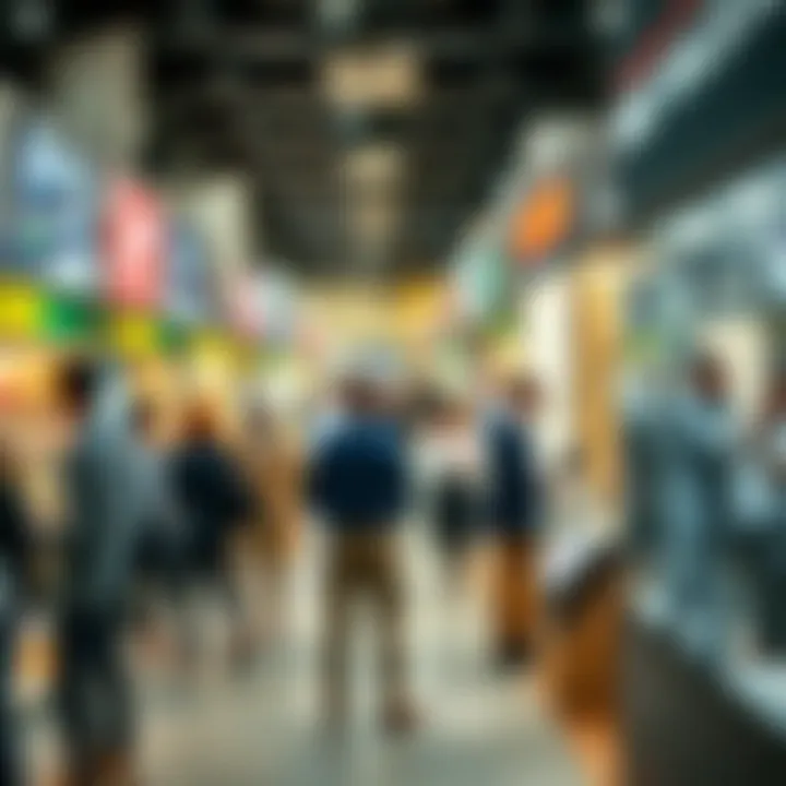A bustling real estate market with investors discussing properties
